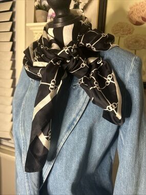 Vintage designer Silky Black with White Chain grid pattern scarf 34”